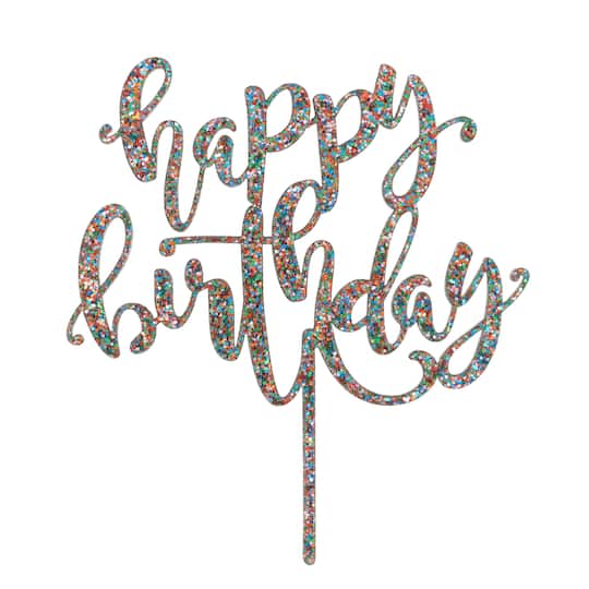 12 Pack: Multicolor Glitter Happy Birthday Cake Topper by Makery®